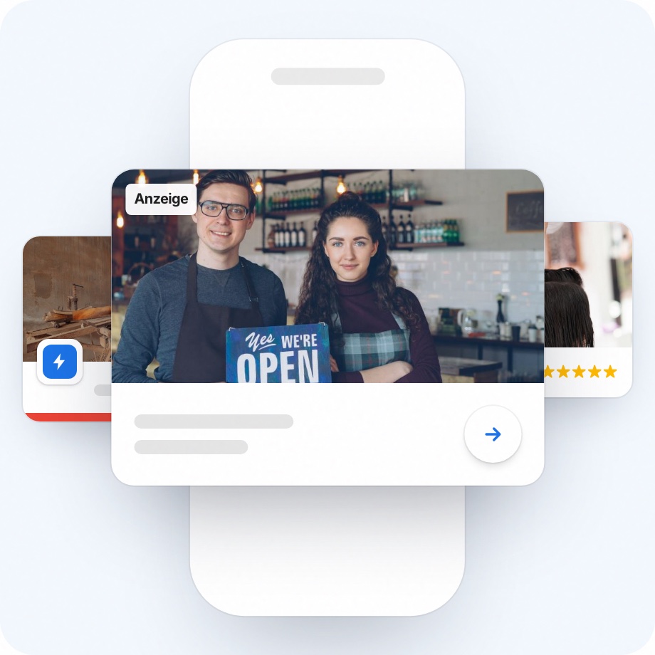 Illustration: Google-Anzeigen auf dem Smartphone mit Anzeigen-Karten für lokale Betriebe wie Café, Handwerk und Friseur